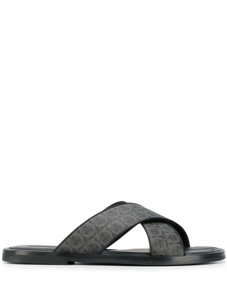  Ferragamo Gancini Leather Pool Slides - Grey 