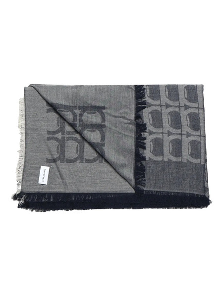  Ferragamo Gancini-pattern Fringed Scarf - Grey 