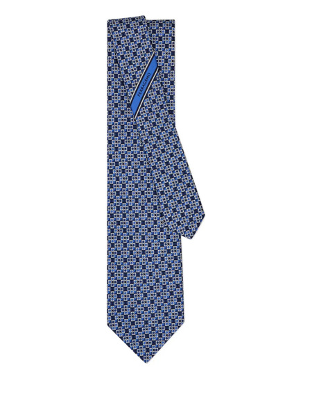  Ferragamo Gancini Square Print Silk Tie - Blue 