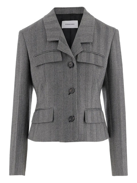  Ferragamo Herringbone-pattern Flap-pocket Blazer - Grey 