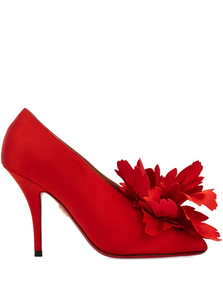  Ferragamo 90mm Flower-appliqué Satin Pumps - Red 