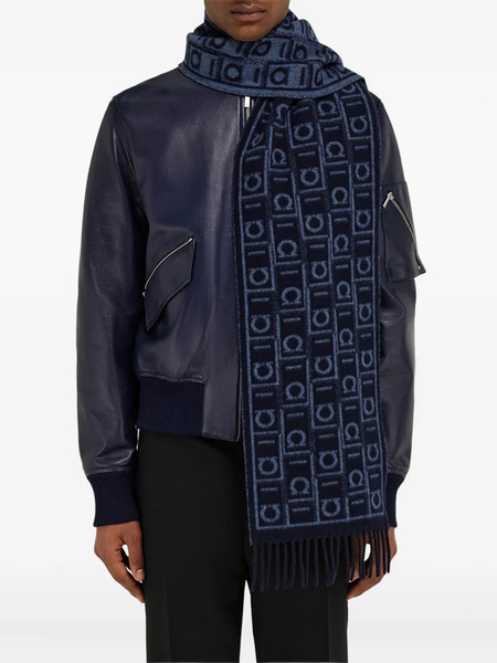  Ferragamo Monogram Fringed Scarf - Navy Blue/oxford Blue 