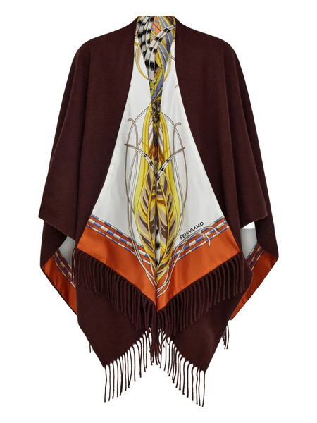  Ferragamo Rooster-print Fringed Reversible Poncho - Brown 