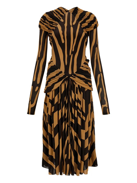  Ferragamo Ruched Zebra Jersey Midi Dress - Brown 