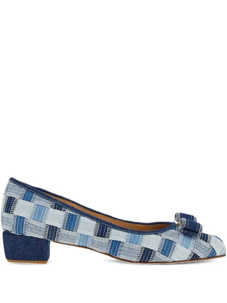  Ferragamo Varina Checked Block-heel Pumps - Blue 