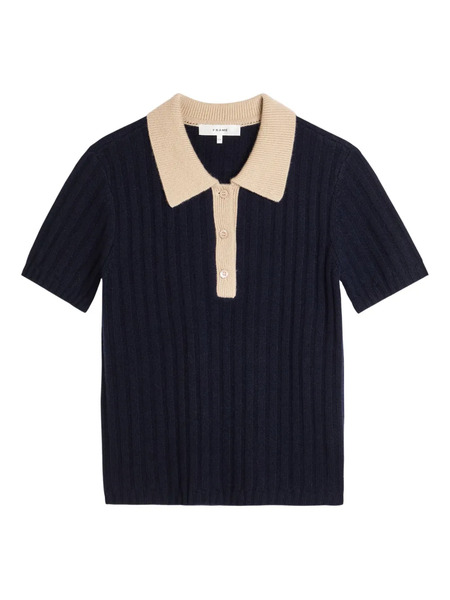  Frame Button Ribbed Polo Top - Blue 