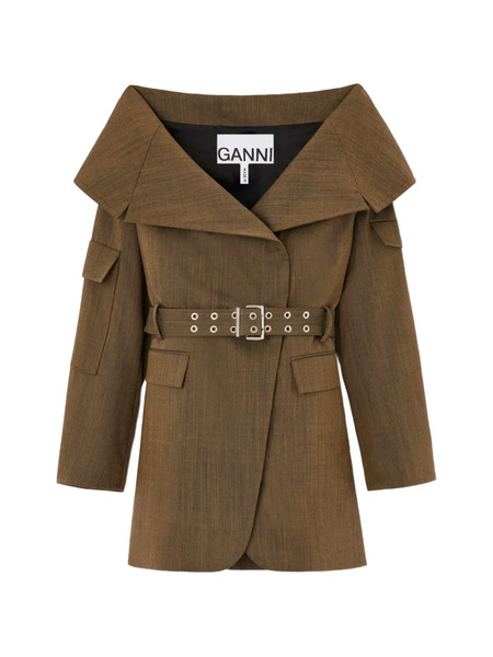  Ganni Belted Wide-collar Jacket - Brown 