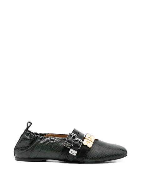  Ganni Buckled Snake-effect Flat Pumps - Green 