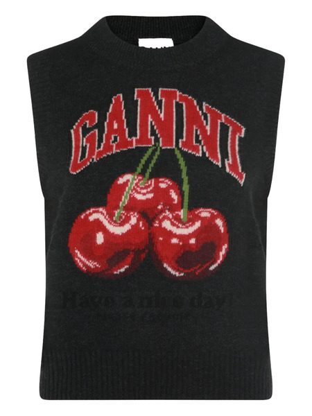  Ganni Cherry-embroidered Top - Grey 