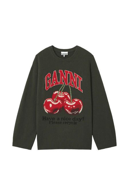  Ganni Cherry-print Knitted Sweater - Green 
