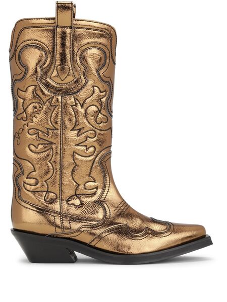  Ganni Embroidered Metallic-effect Western Boots - Gold 
