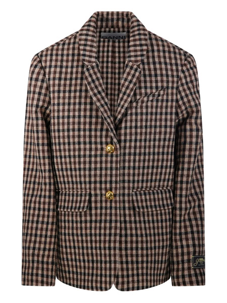  Ganni Gingham Check Buttoned Blazer - Brown 