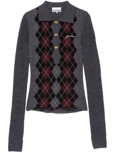  Ganni Knitted Polo Top - Grey 