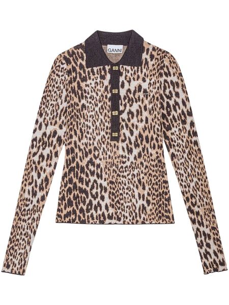  Ganni Leopard Print Long Sleeve Top - Brown 