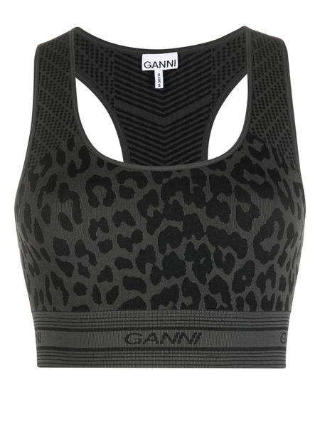  Ganni Leopard-print Racerback Bralette - Black 