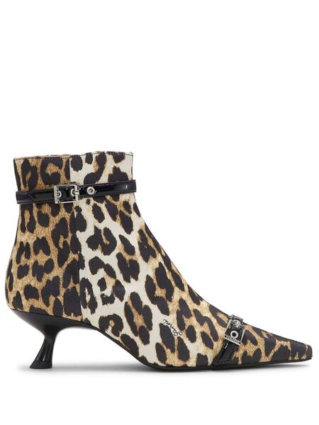  Ganni Leopard-print Satin Ankle Boots - Brown 