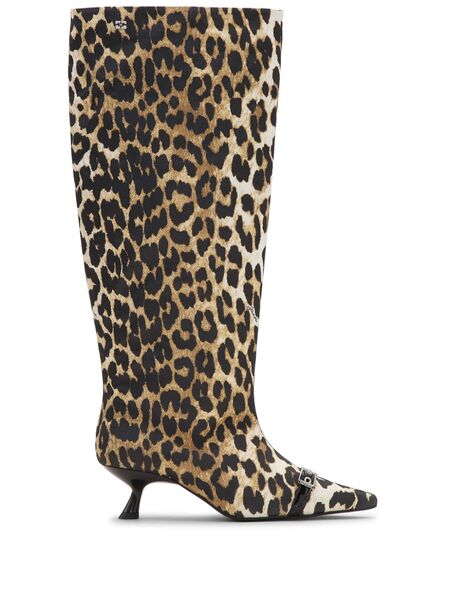 Ganni Leopard-print Satin Knee-length Boots - Brown 