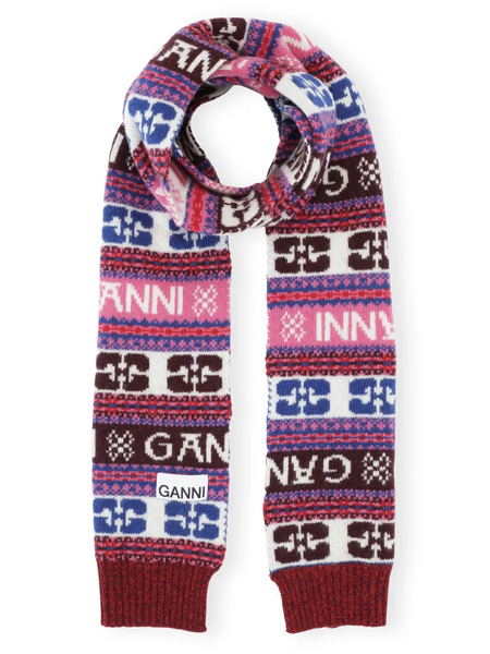 Ganni Logo-appliqué Patterned-intarsia Scarf - Red 