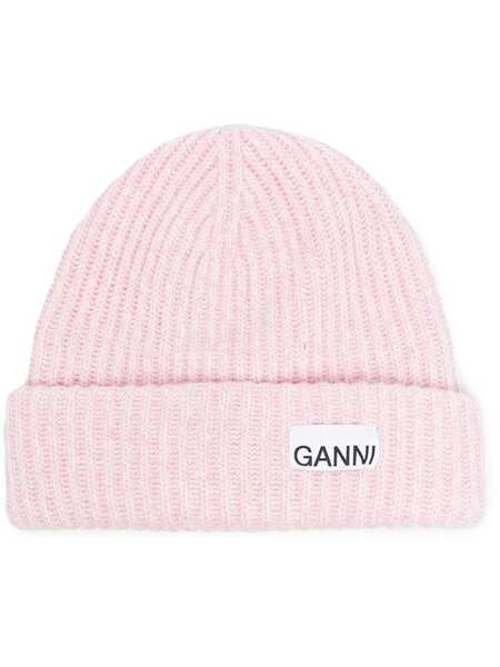  Ganni Logo-patch Ribbed-knit Beanie - Pink 