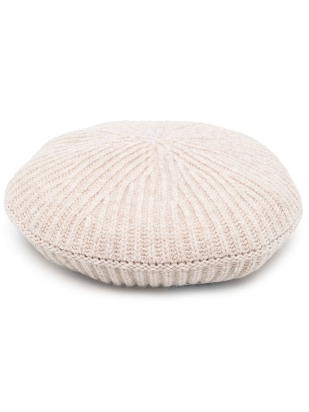  Ganni Logo-patch Ribbed-knit Beret - Neutrals 