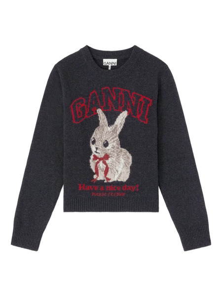  Ganni Rabbit-print Graphic Sweater - Grey 