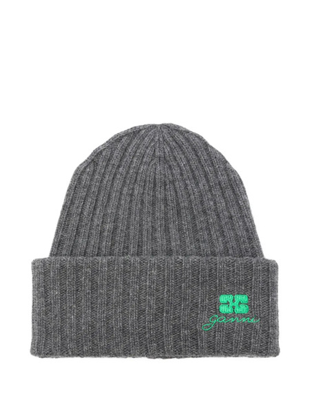  Ganni Ribbed Embroidered Hat - Grey 