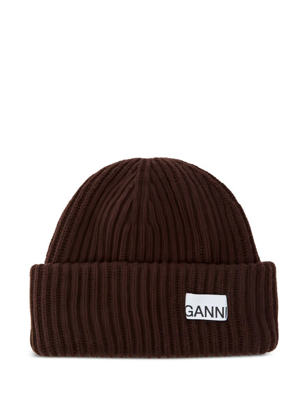 Ganni Ribbed Patch Beanie Hat - Brown 