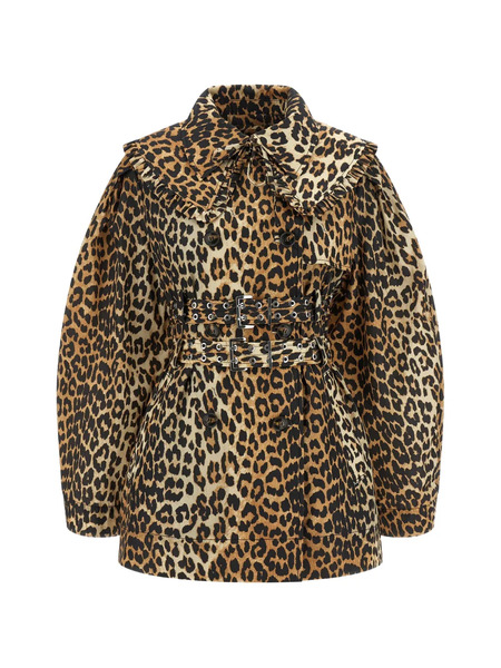  Ganni Ruffle Leopard Trench Coat - Brown 