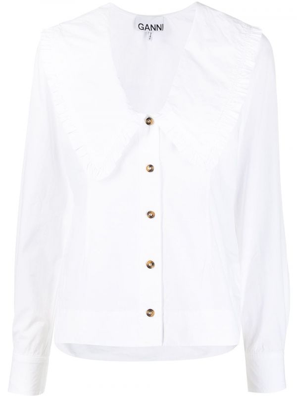  Ganni Ruffled Exaggerated Collar Blouse - White 