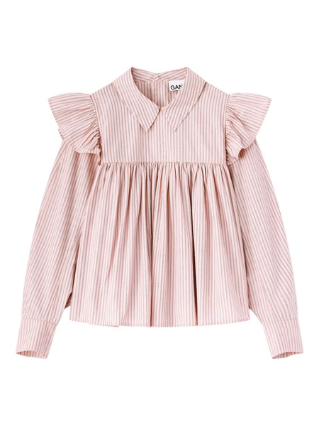  Ganni Ruffled Striped Top - Pink 