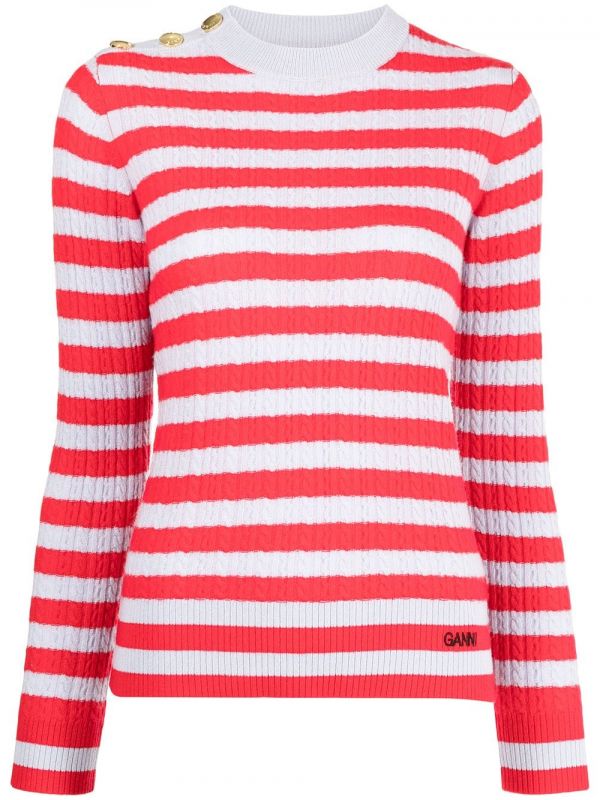  Ganni Striped Cable Knit Jumper - Red 