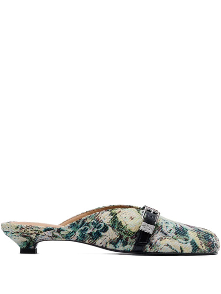 Ganni Tapestry Kitten Heeled Mules - Green 