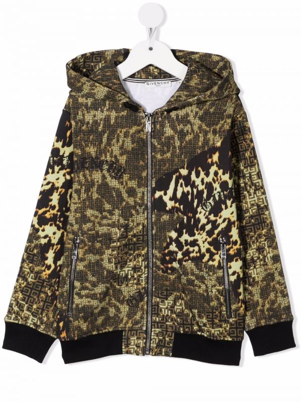  Givenchy Kids Leopard Print Hooded Track Jacket - Green 