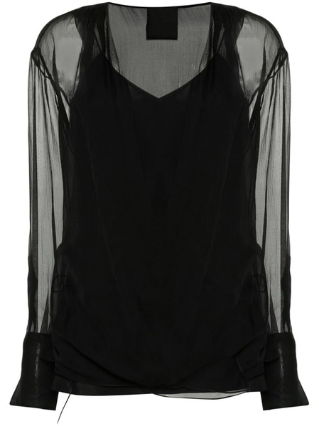  Givenchy Long-sleeve Silk Wrap Blouse - Black 