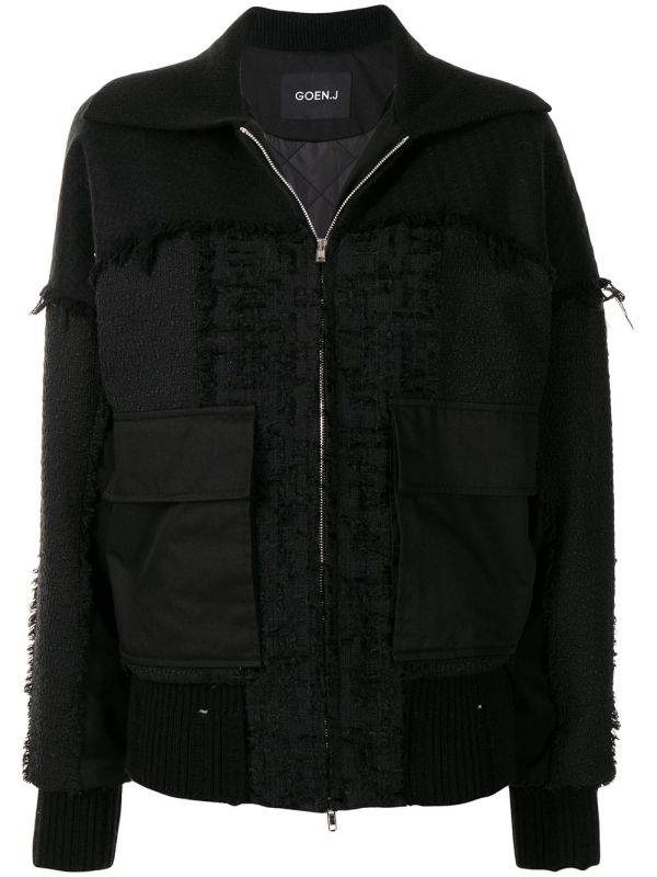  Goen.j Frayed Tweed Patchwork Bomber Jacket - Black 