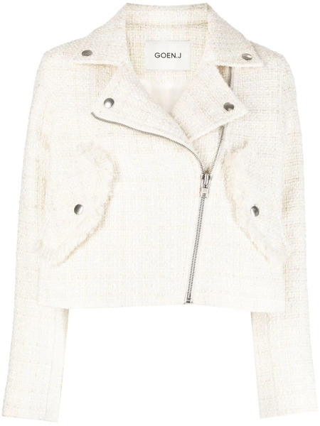  Goen.j Tweed Cropped Biker Jacket - White 