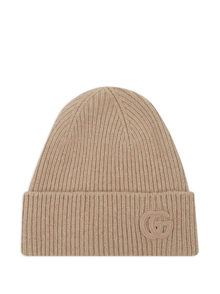  Gucci Double G-patch Ribbed Beanie Hat - Brown 