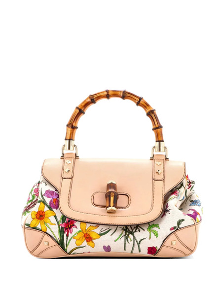  Gucci Pre-owned Bamboo Top Handle Flap Bag Flora Canvas Medium Satchel - Neutrals 
