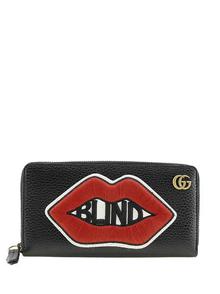  Gucci Pre-owned 2016-2026 Gg Marmont Pebbled Calfskin Embroidered Blind For Love Zip Around Wallet Long Wallets - Black 