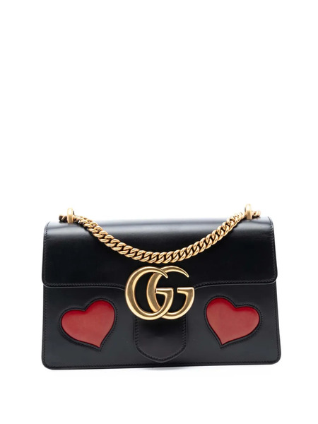  Gucci Pre-owned 2016-2025 Medium Gg Marmont Leather Malaga Kid Heart Patch Chain Flap Shoulder Bag - Black 