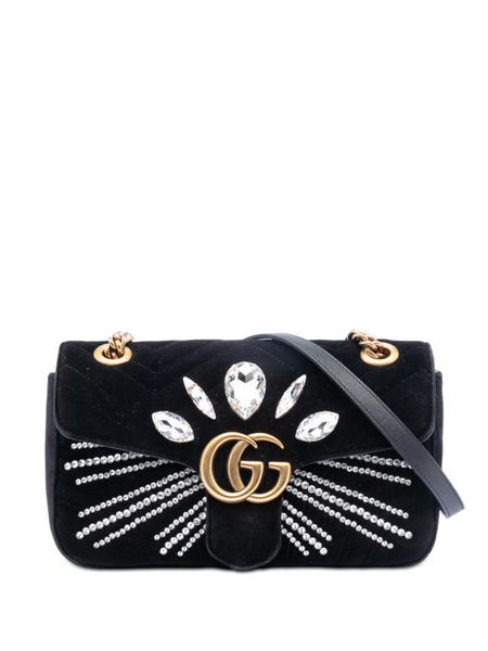  Gucci Pre-owned 2016-2025 Medium Gg Marmont Matelasse Velvet Crystal Embellished Shoulder Bag - Black 