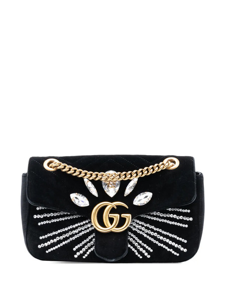  Gucci Pre-owned 2016-2026 Medium Gg Marmont Matelasse Velvet Crystal Embellished Shoulder Bag - Black 