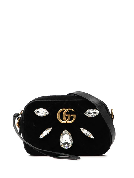  Gucci Pre-owned 2016-2025 Mini Gg Marmont Crystal Embellished Matelasse Velvet Crossbody Bag - Black 