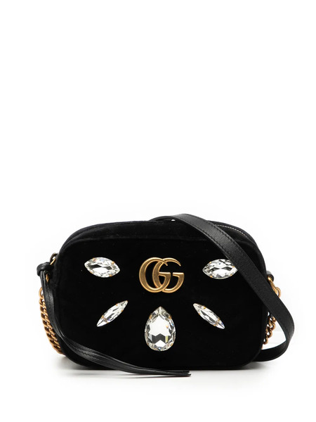  Gucci Pre-owned 2016-2026 Mini Gg Marmont Crystal Embellished Matelasse Velvet Crossbody Bag - Black 