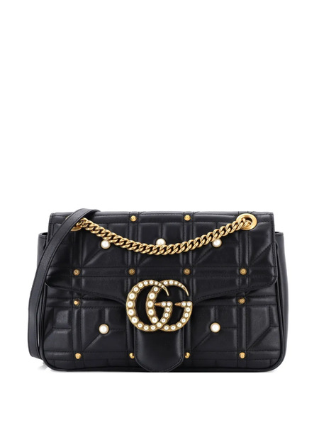  Gucci Pre-owned Pearly Gg Marmont Flap Bag Embellished Matelasse Leather Medium Shoulder Bag - Black 