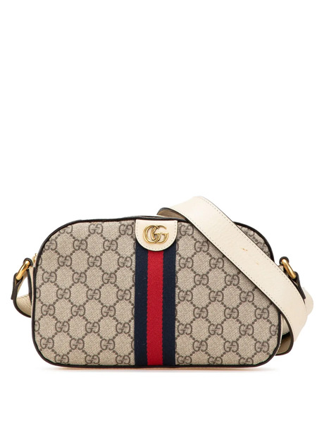  Gucci Pre-owned 2016-2025 Small Gg Supreme Textured Calfskin Web Ophidia Camera Bag Crossbody Bag - Brown 