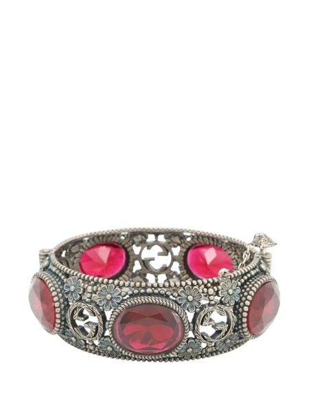  Gucci Pre-owned 2000-2015 Sterling Silver And Stone Interlocking G Flower Hinged Bangle Bracelet - Red 