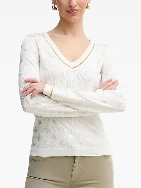  Guess Usa Logo-pattern V-neck Sweater - White 