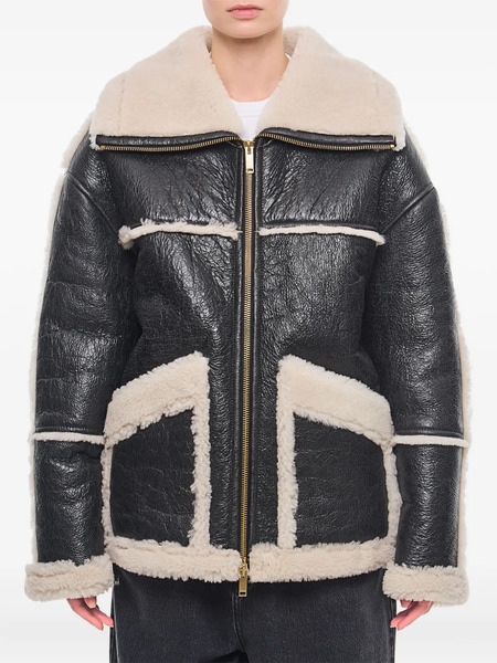  Halfboy Leather Panelled Shearling Jacket - Black 