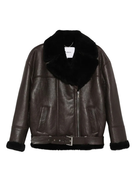  Halfboy Shearling-collar Leather Jacket - Brown 